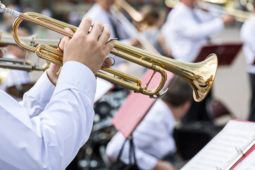 Obraz na płótnie Canvas musician of military orchestra plays his gold trumpet