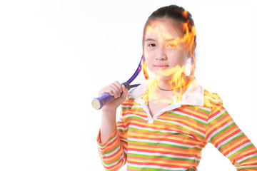 Hot fire Little girl playing tennis on white background