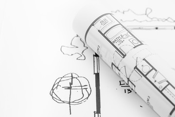 Architect rolls and plans , Architectural plan , Technical project drawing..