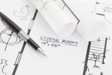 Architect rolls and plans , Architectural plan , Technical project drawing..
