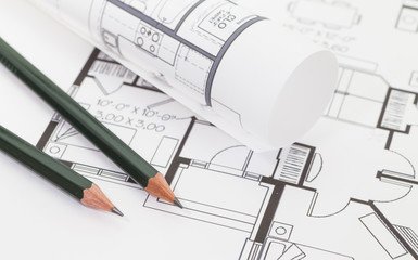 Architect rolls and plans , Architectural plan , Technical project drawing..