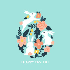 Fototapeta premium Easter egg design with easter bunny and flowers. Hand drawing ve