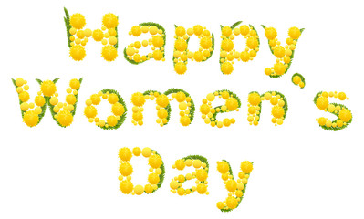 Fototapeta premium Happy womens day. Yellow mimosa flower. Acacia flower symbol of Womens Day. Lettering text for greeting card