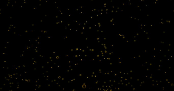 golden bubbles movement inside a glass of champagne on black background, seamless loop