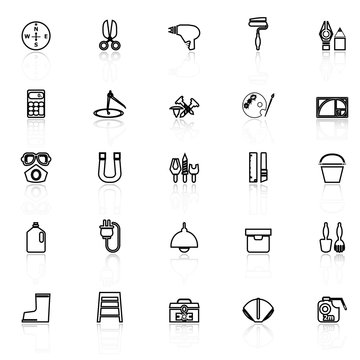 DIY tool line icons with reflect on white background