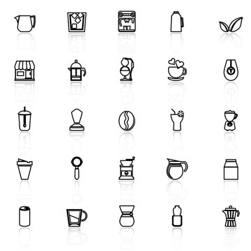 Coffee and tea line icons with reflect on white