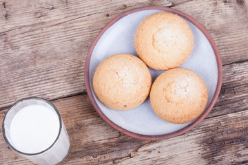 fresh healthy milk and cookies top view background