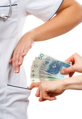 Woman doctor refusing bribes or kickbacks, concept of corruption