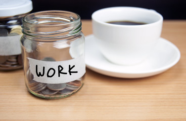 Bottles of coins for saving from work hard