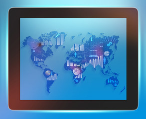 Tablet close-up with world map on the screen