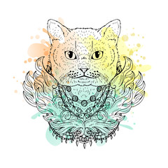 Black and white animal Cat head, watercolor abstract art, tattoo, doodle sketch.