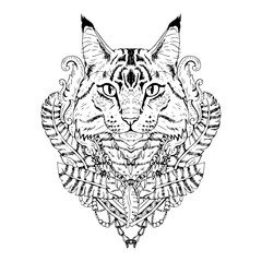Black and white animal Cat head, abstract art, tattoo, doodle sketch.