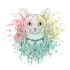Black and white animal Cat head, watercolor abstract art, tattoo, doodle sketch.