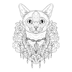 Black and white animal Cat head, abstract art, tattoo, doodle sketch.
