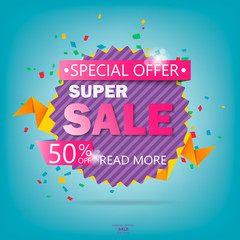 Super Sale paper banner. Sale background. Big sale. Sale tag. Sale poster. Sale vector. Super Sale and special offer. 50% off. Vector illustration.