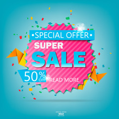 Super Sale paper banner. Sale background. Big sale. Sale tag. Sale poster. Sale vector. Super Sale and special offer. 50% off. Vector illustration.