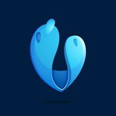 V letter with water waves and drops.