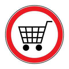 No Shopping Cart Sign. Red round No Shopping Cart icon. Illustration of a forbidden signal. No trolley allowed symbol. Prohibited symbol isolated on white background. Flat design. Stock Vector
