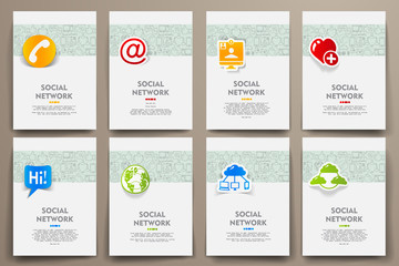 Corporate identity vector templates set with doodles social network theme