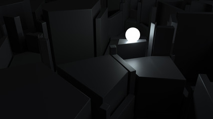 abstract labyrinth with bright glow sphere, finding way of problem solving concept