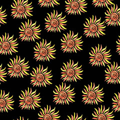 Hand drawn watercolor seamless pattern. Stylized sun drawing watercolor paint brush.