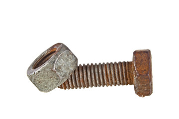 Old rusty bolt and screw-nut isolated on white background