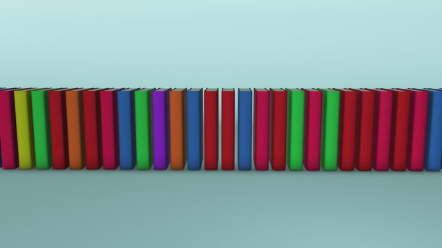 row of colorful books with an ebook reader (3d render)