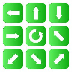 Set of white arrows showing in different directions on green squares in a row and the row