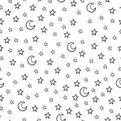 Seamless pattern with cartoon stars and moon on white background