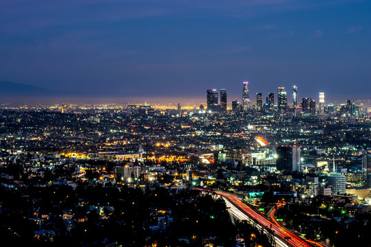 Long exposure night view of Los Angeles downtown and surrounding metropolitan area from Hollywood hills