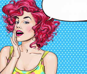 Attractive young sexy woman is announcing, telling a secret, shouting or yelling. Advertising poster. Comic woman. Gossip girl, red cheeks, beauty, curls, sexy girl, 