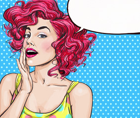 Attractive young sexy woman is announcing, telling a secret, shouting or yelling. Advertising poster. Comic woman. Gossip girl, red cheeks, beauty, curls, sexy girl,  © lucky1984