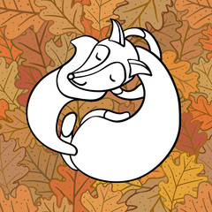 Cute cartoon sleeping fox on oak leaves