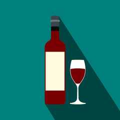 Bottle red wine and glass flat icon