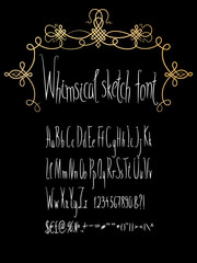 Hand made whimsical sketch font with gold flourish frame. Hand drawn English alphabet collection. Vector letters set, upper and lower case, numbers, symbols, sighs, ampersand. Clean, easy to edit.
