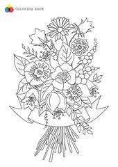 Bouquet of flowers for coloring book. Vector doodle floral illustration in black and white.