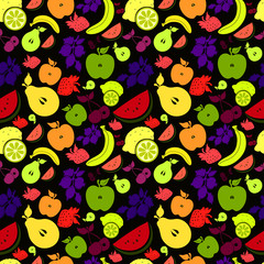  Drawings of  сolourful fruits and berries / on a black  background.