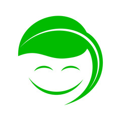 Organic smiley with green leaf icon, simple style