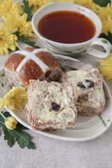 Easter Hot cross buns, selective focus