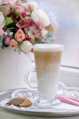 Coffee Latte in Transparent Glass silver in Cafe, Latte Macchiat