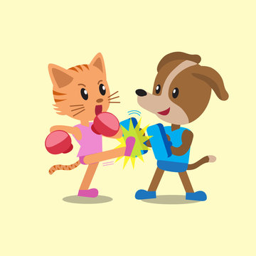 Cartoon cat and dog doing kickboxing training