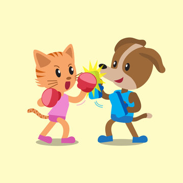 Cartoon cat and dog doing uppercut punch training