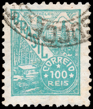 Stamp printed in the Brazil shows oil refinery