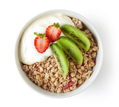 Bowl of granola with yogurt and fresh fruit