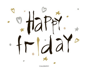 Happy friday. Positive quote handwritten with brush calligraphy. Vector typography design for cards, t-shirt, posters and social media content.