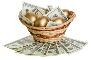 golden eggs and dollars in a basket isolated 