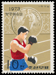 Stamp printed in North Korea shows Boxing