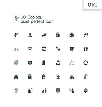 Modern solid pixel perfect icons set. Ecology and recycle  symbo