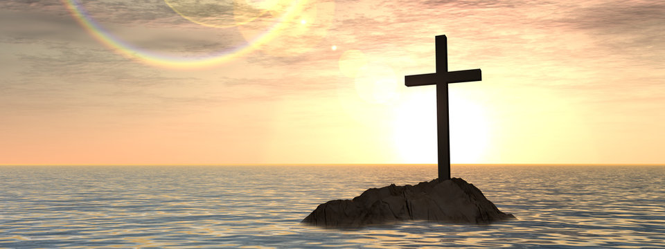 Conceptual Christian cross on island in the ocean at sunset banner