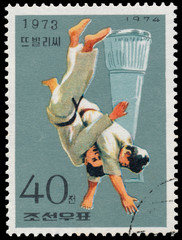 Stamp printed in North Korea shows Judo